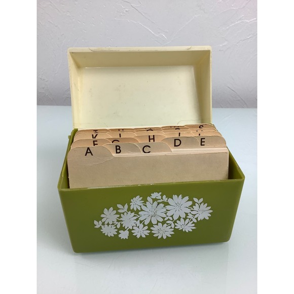 RARE VTG 1970s Retro Daisy Flowers green plastic Flip top Recipe Card box - Picture 2 of 12